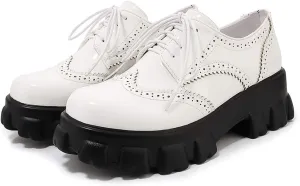 Womens Vintage Wingtip Oxfords Patent Leather Lace Up Brogues Shoes Platform Pumps with Chunky Heeled