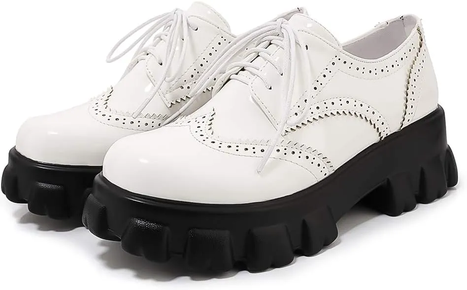 Womens Vintage Wingtip Oxfords Patent Leather Lace Up Brogues Shoes Platform Pumps with Chunky Heeled