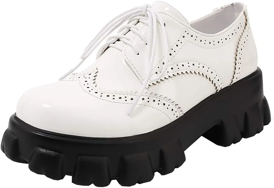 Womens Vintage Wingtip Oxfords Patent Leather Lace Up Brogues Shoes Platform Pumps with Chunky Heeled