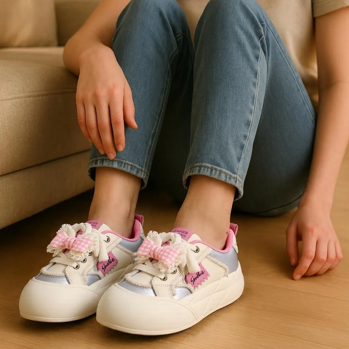 Y2K Platform Sneakers for Girls Chunky Cute Lace Bow Shoes, Soft Non-Slip Sole Stylish Everyday Canvas Trainers Kitty & Fish Plush