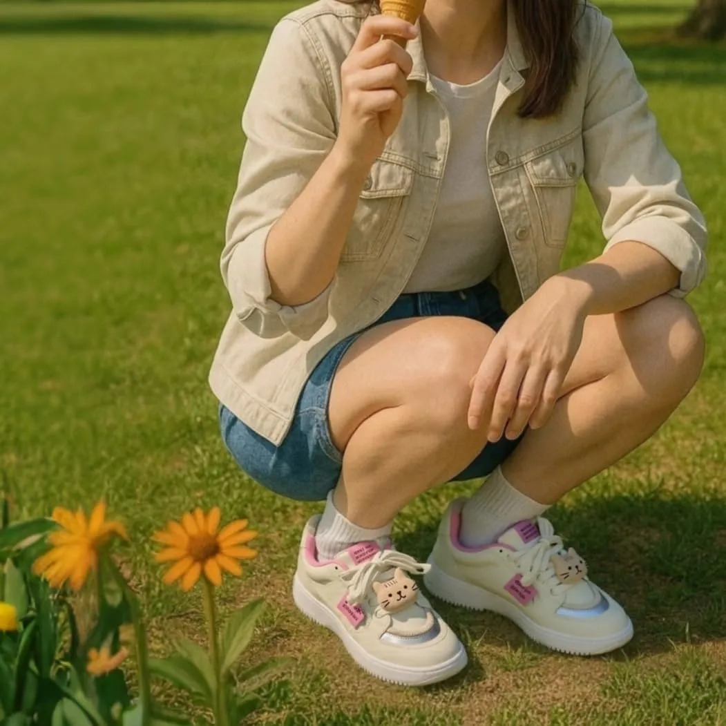 Y2K Platform Sneakers for Girls Chunky Cute Lace Bow Shoes, Soft Non-Slip Sole Stylish Everyday Canvas Trainers Kitty & Fish Plush