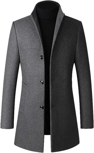 Ymosrh Motorcycle Jacket Men Mid-Length Slim-Fit Woolen Coat with Stand-Collar Solid Color Coat Winter Jackets