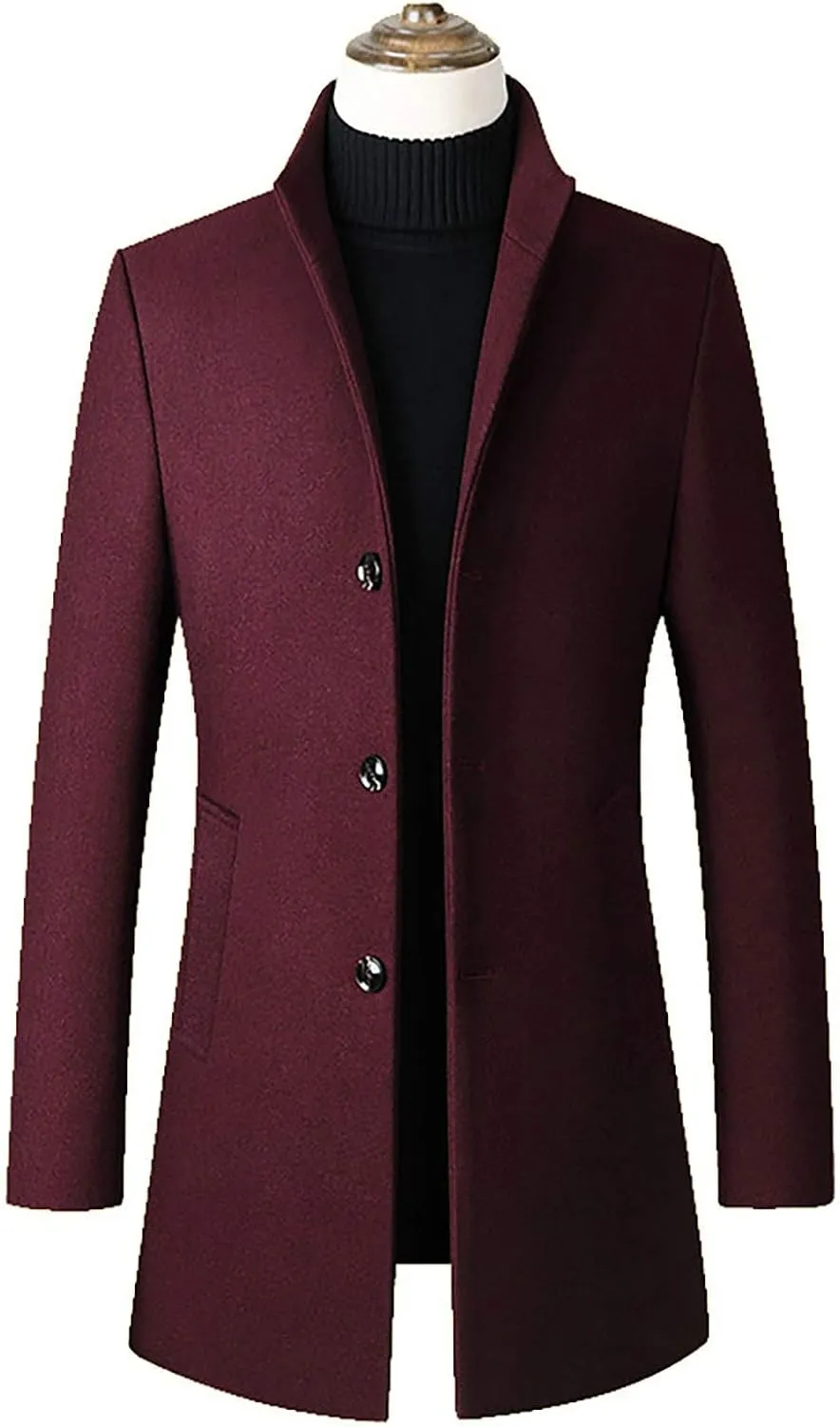 Ymosrh Motorcycle Jacket Men Mid-Length Slim-Fit Woolen Coat with Stand-Collar Solid Color Coat Winter Jackets