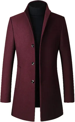 Ymosrh Motorcycle Jacket Men Mid-Length Slim-Fit Woolen Coat with Stand-Collar Solid Color Coat Winter Jackets