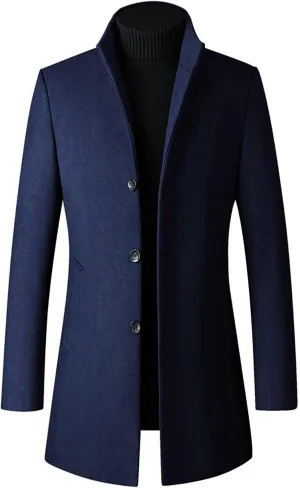 Ymosrh Motorcycle Jacket Men Mid-Length Slim-Fit Woolen Coat with Stand-Collar Solid Color Coat Winter Jackets