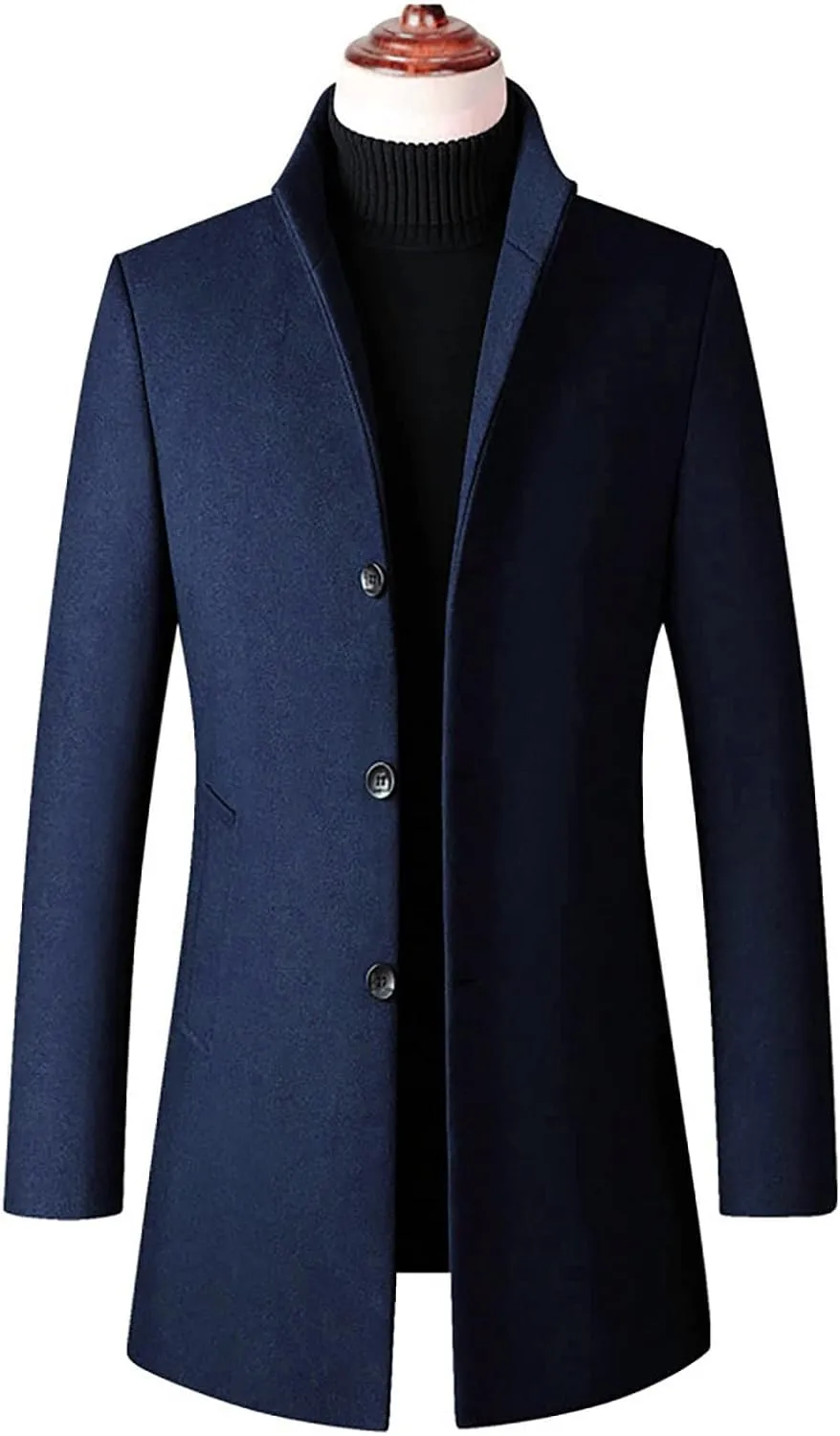 Ymosrh Motorcycle Jacket Men Mid-Length Slim-Fit Woolen Coat with Stand-Collar Solid Color Coat Winter Jackets