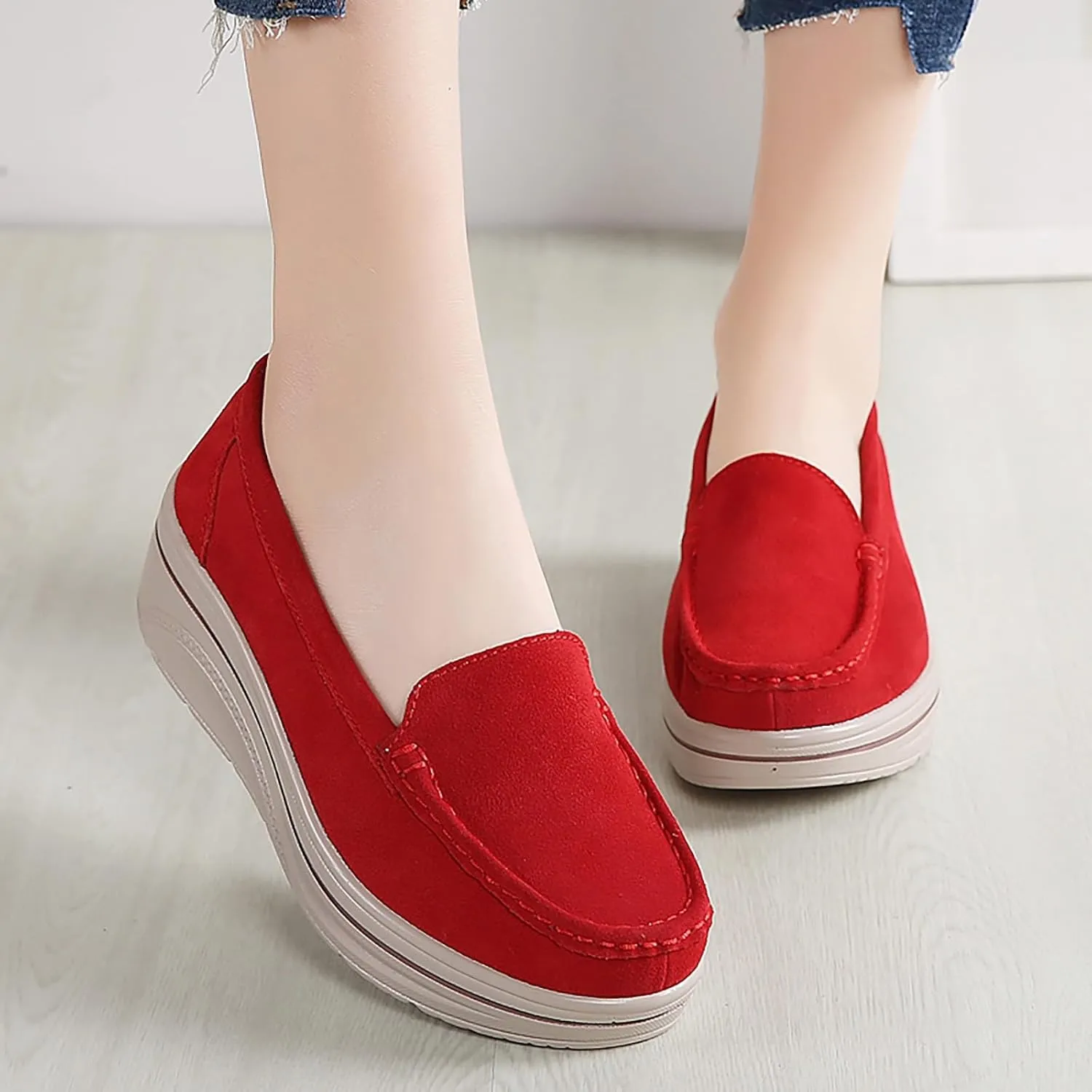 ZSpzx Comfy Platform Loafers for Women Slip On Round Toe Air Cushioned Jogging Shoes Arch Support Orthopedic Non Slip Walking Tennis Sneakers Wedge Boat Shoe Lightweight Footwear