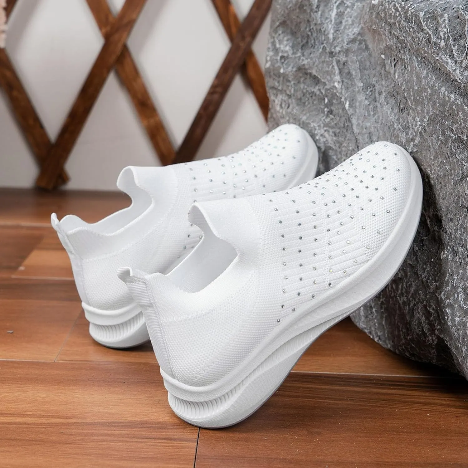 ZSpzx Orthopedic Rhinestones Walking Sneakers for Women Low Top Slip On Cushioned Footbed Ladies Jogging Tennis Sneaker Arch Support Soft Padded Breathable Comfy Shoes Plantar Fasciitis Footwear