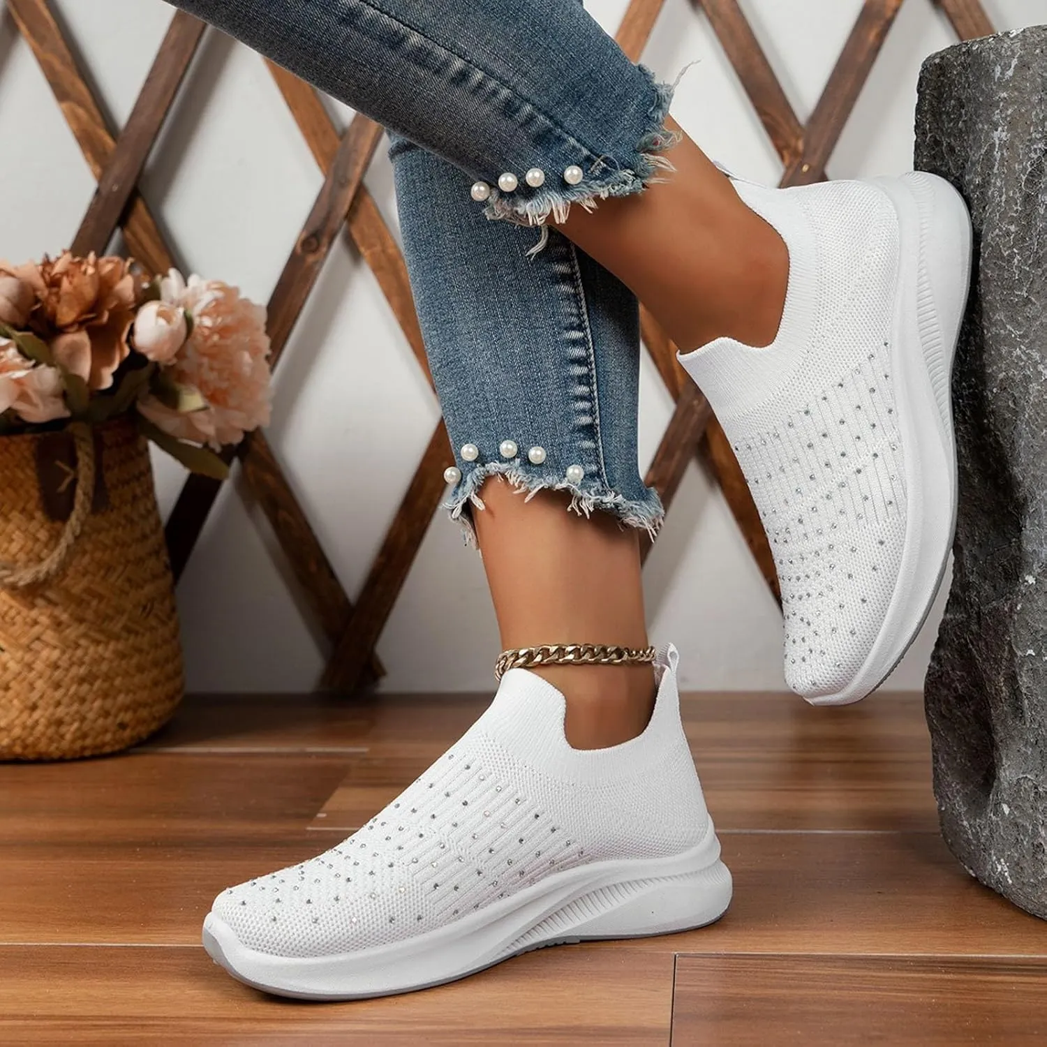 ZSpzx Orthopedic Rhinestones Walking Sneakers for Women Low Top Slip On Cushioned Footbed Ladies Jogging Tennis Sneaker Arch Support Soft Padded Breathable Comfy Shoes Plantar Fasciitis Footwear