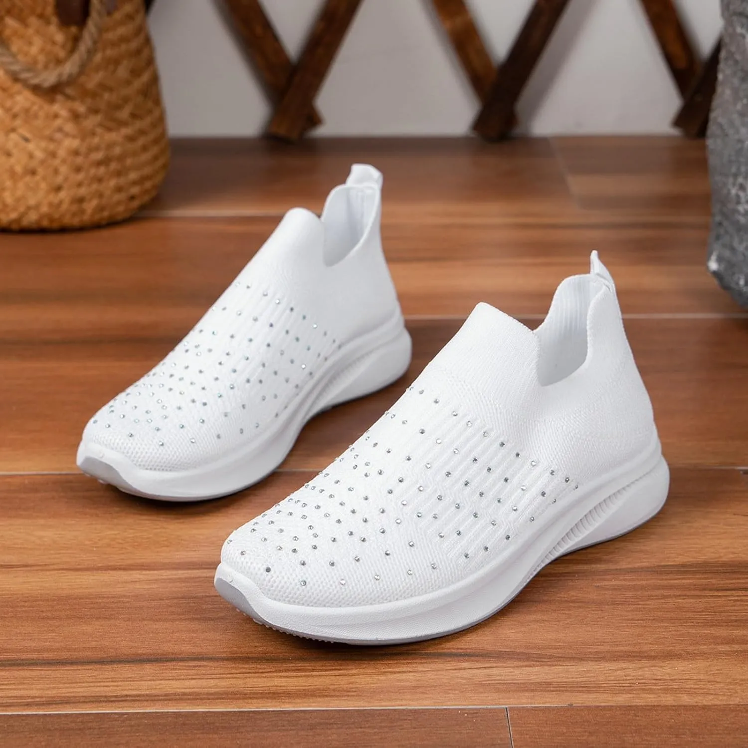 ZSpzx Orthopedic Rhinestones Walking Sneakers for Women Low Top Slip On Cushioned Footbed Ladies Jogging Tennis Sneaker Arch Support Soft Padded Breathable Comfy Shoes Plantar Fasciitis Footwear