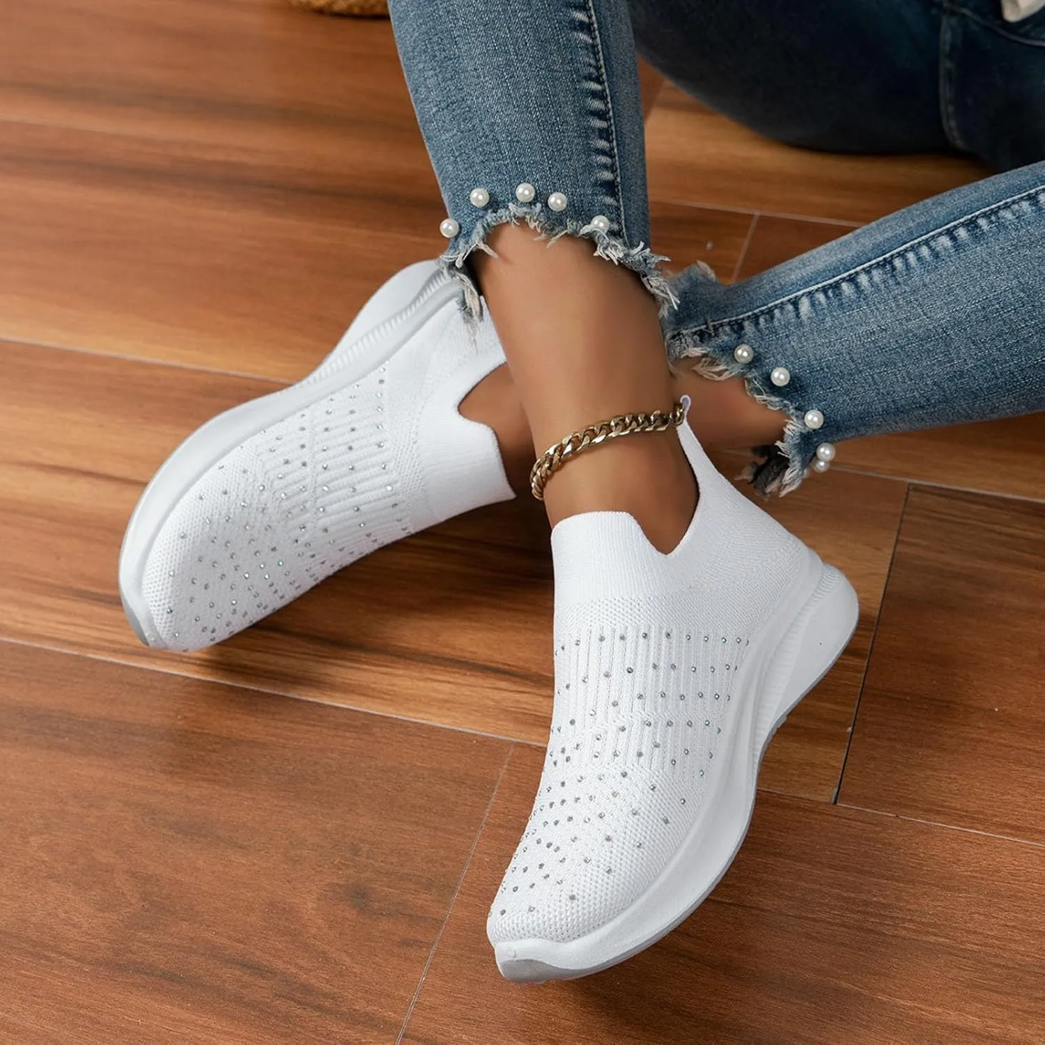 ZSpzx Orthopedic Rhinestones Walking Sneakers for Women Low Top Slip On Cushioned Footbed Ladies Jogging Tennis Sneaker Arch Support Soft Padded Breathable Comfy Shoes Plantar Fasciitis Footwear