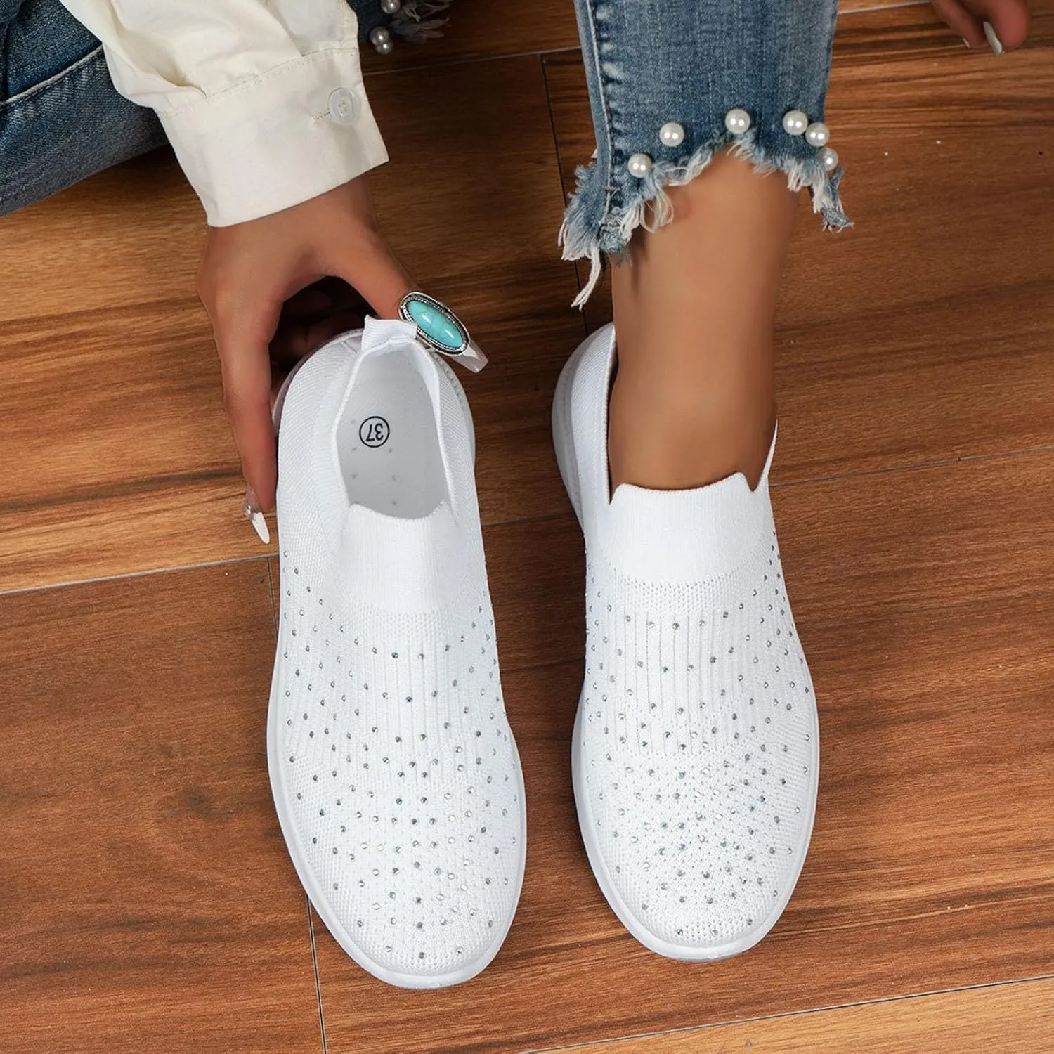 ZSpzx Orthopedic Rhinestones Walking Sneakers for Women Low Top Slip On Cushioned Footbed Ladies Jogging Tennis Sneaker Arch Support Soft Padded Breathable Comfy Shoes Plantar Fasciitis Footwear