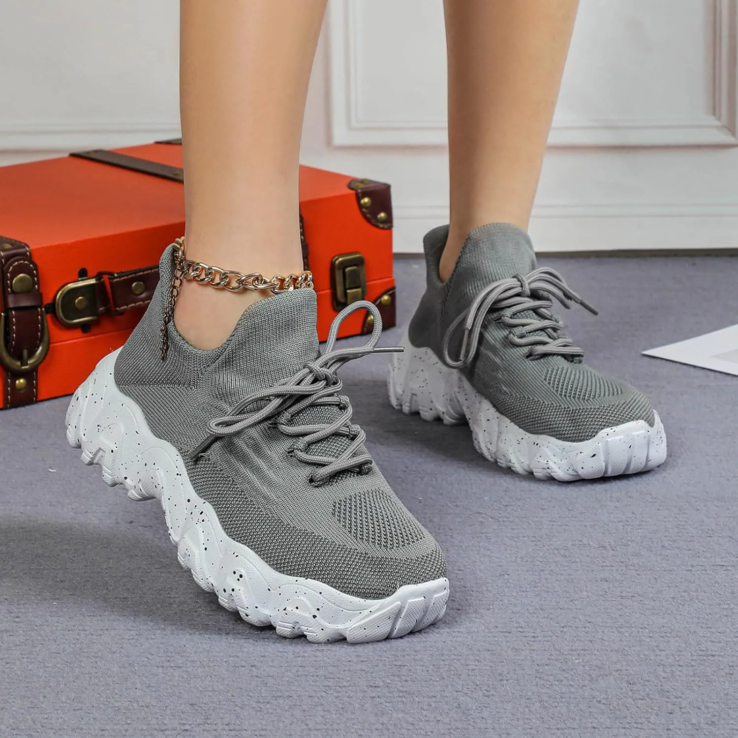 ZSpzx Platform Sneakers for Women Slip On Cushioned Footbed Knit Soft Padded Insole Arch Support Jogging Tennis Shoes Plantar Fasciitis Breathable Comfy Lightweight Daily Wear Shoe