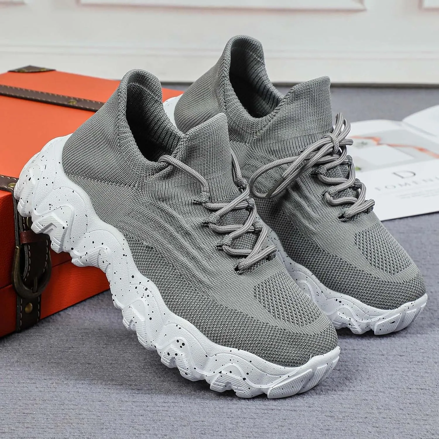 ZSpzx Platform Sneakers for Women Slip On Cushioned Footbed Knit Soft Padded Insole Arch Support Jogging Tennis Shoes Plantar Fasciitis Breathable Comfy Lightweight Daily Wear Shoe